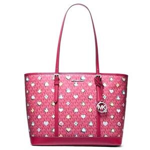 New Michael Kors Jet Set Large Printed Signature Logo Tote Bag Dark Raspberry